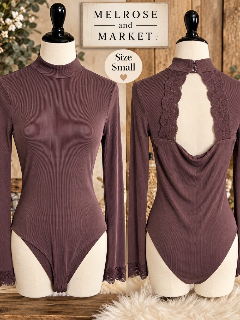 Melrose and Market Mauve-Brown Long Sleeve Lace-Back Bodysuit